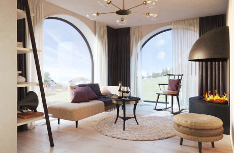 Contemporary living space with curved windows and a central fireplace.