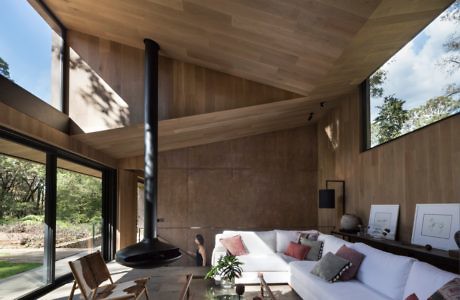 Modern living room with wooden walls, ceiling, large windows, and central fireplace.