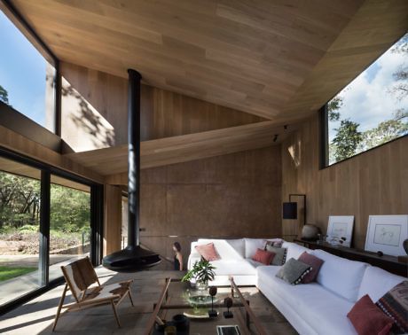 Modern living room with wooden walls, ceiling, large windows, and central fireplace.