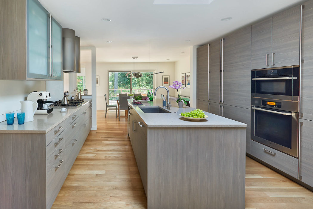 Modern kitchen interior with wood floors, gray cabinets, and stainless steel appliances.
