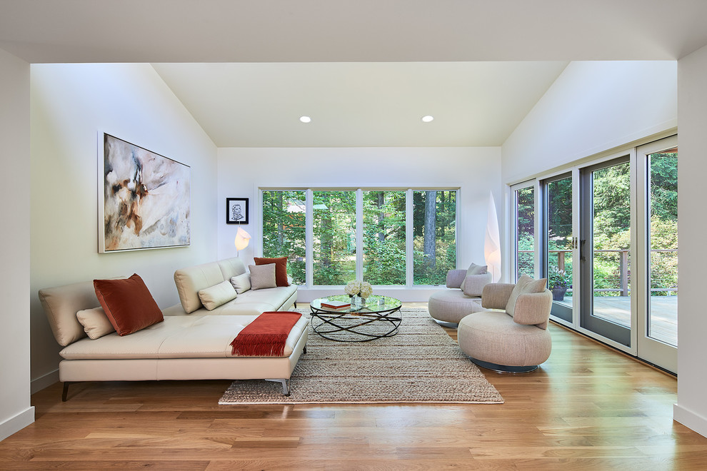 Bright, minimalist living room with large windows and sleek furniture