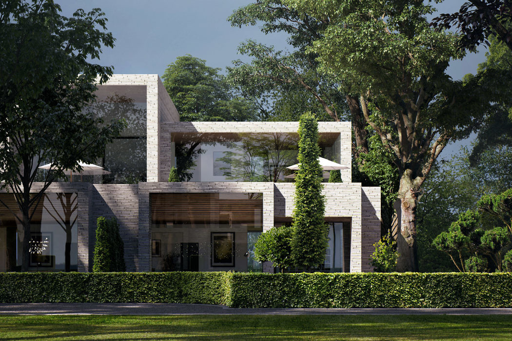 Contemporary home with clean lines, surrounded by lush greenery.