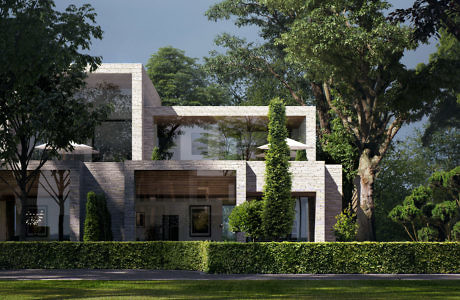 Contemporary home with clean lines, surrounded by lush greenery.