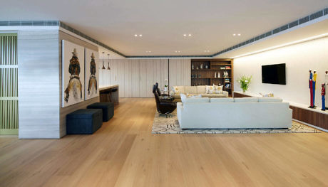 Modern living room with wooden floors and minimalist decor.