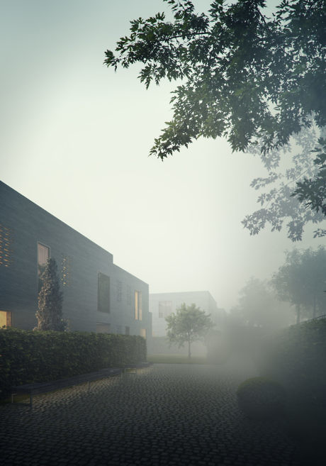 Minimalist buildings flanking a cobbled street in misty ambiance.