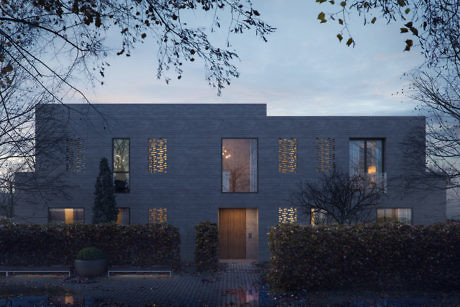 Minimalist two-story house with unique window patterns at dusk.