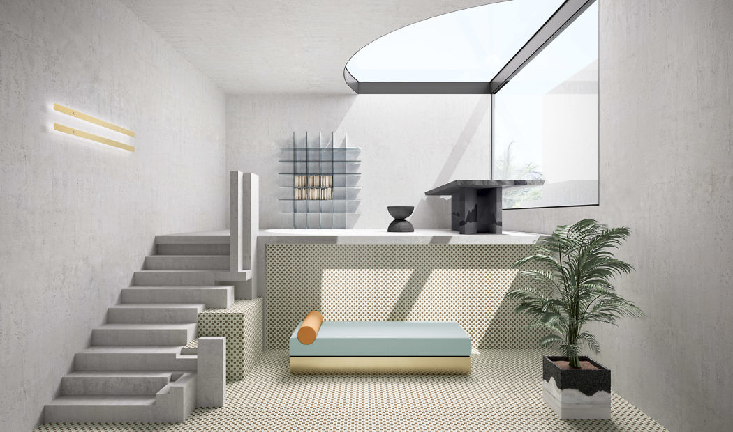 Modern stairwell with minimalist decor and skylight.