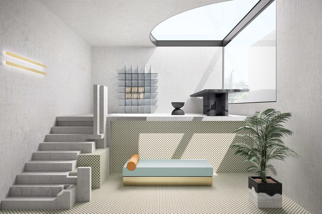 Modern stairwell with minimalist decor and skylight.