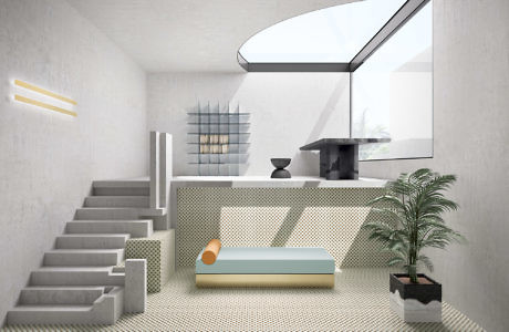 Modern stairwell with minimalist decor and skylight.