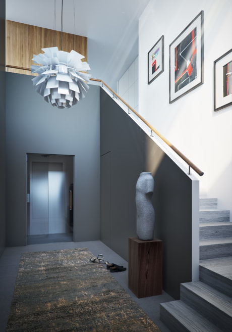 Contemporary staircase with artistic pendant light and sculptures.