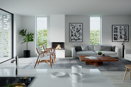 Modern living room with fireplace, sofa, and art on walls.