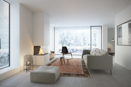 Minimalist living room with a fireplace and snowy view outside.