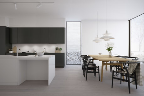 Modern kitchen with dining area and minimalist decor.