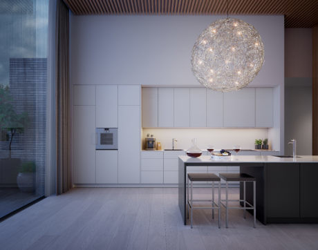 Modern kitchen interior with large spherical pendant light and minimalist cabinetry.