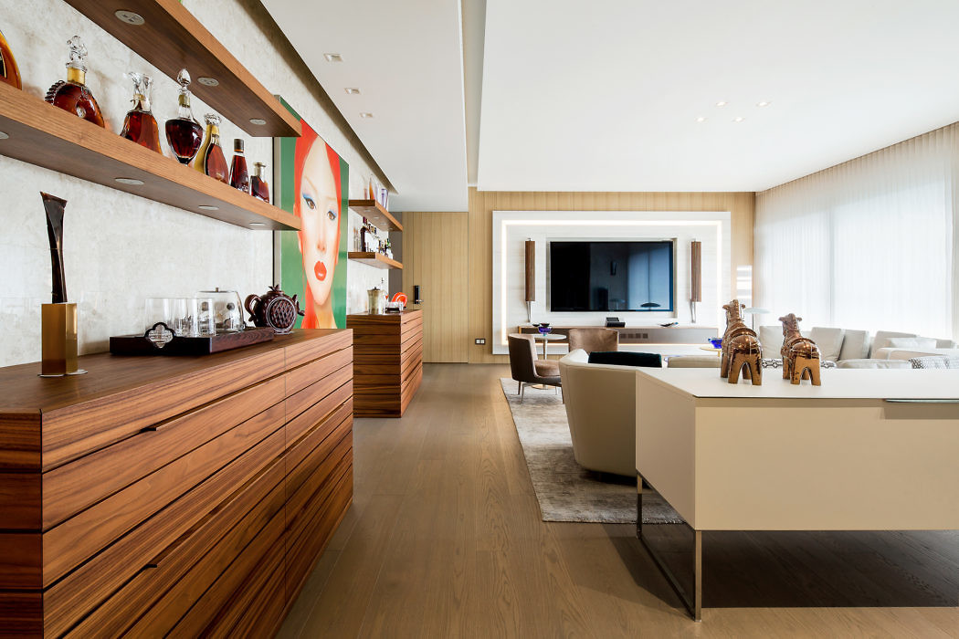 Contemporary wood-accented living space with minimalistic decor.