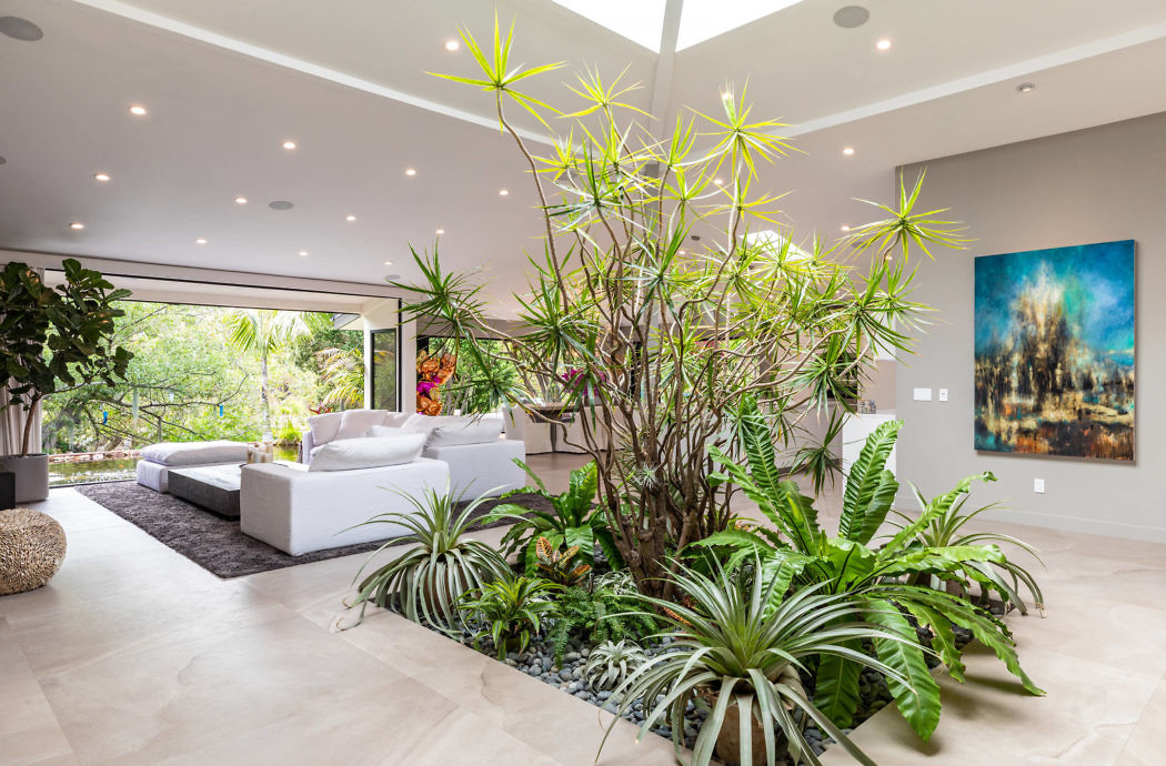 Bright, airy living space with indoor plants and sliding glass doors.