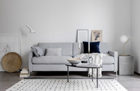 Modern living room interior with sofa, coffee table, and decor.