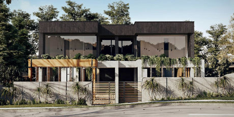 Modern two-story house with large windows and a green rooftop garden.