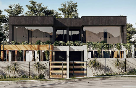 Modern two-story house with large windows and a green rooftop garden.