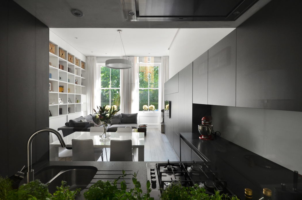 Contemporary kitchen with sleek cabinetry and open-plan living space.