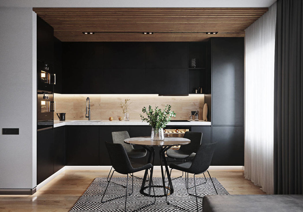 Contemporary kitchen with wood accents and a small dining area.