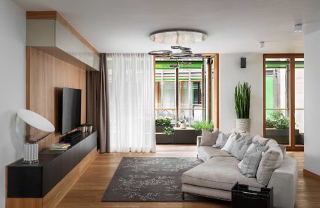 Elegant living room with wooden accents and plush sofa.