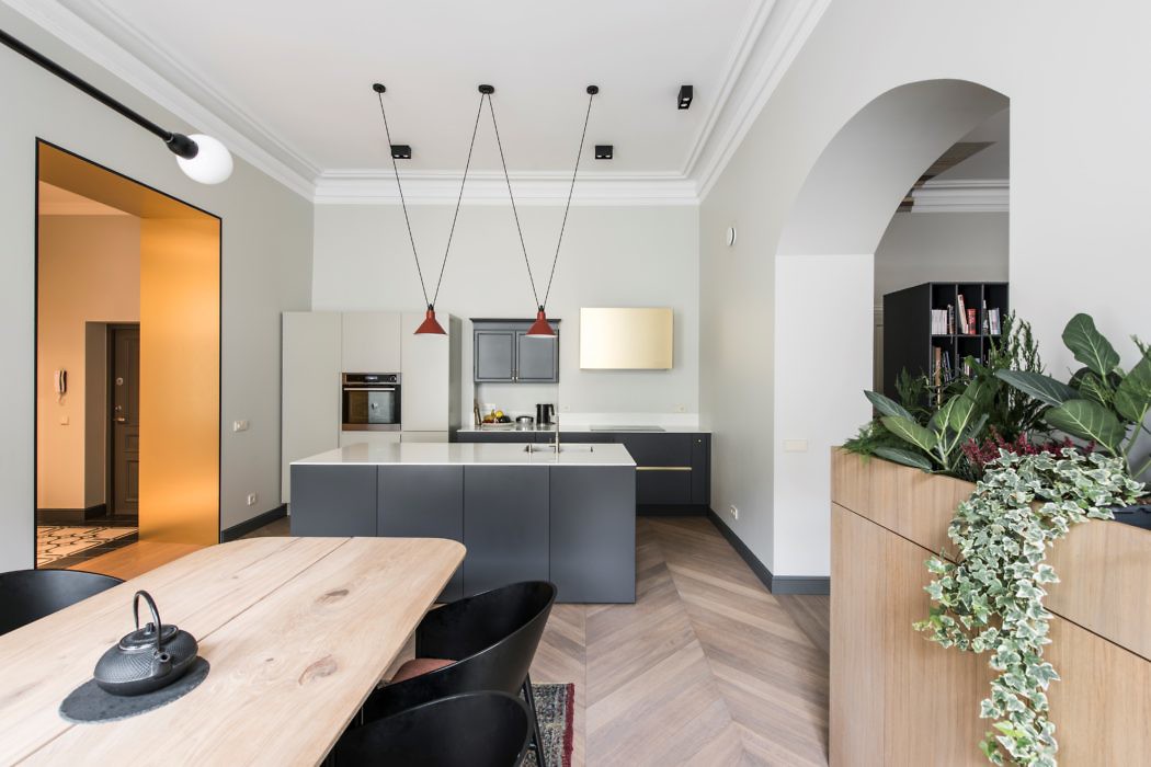 Contemporary open-plan kitchen and dining area with archway and pendant lighting.