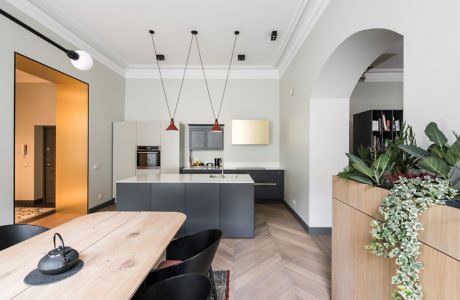 Contemporary open-plan kitchen and dining area with archway and pendant lighting.