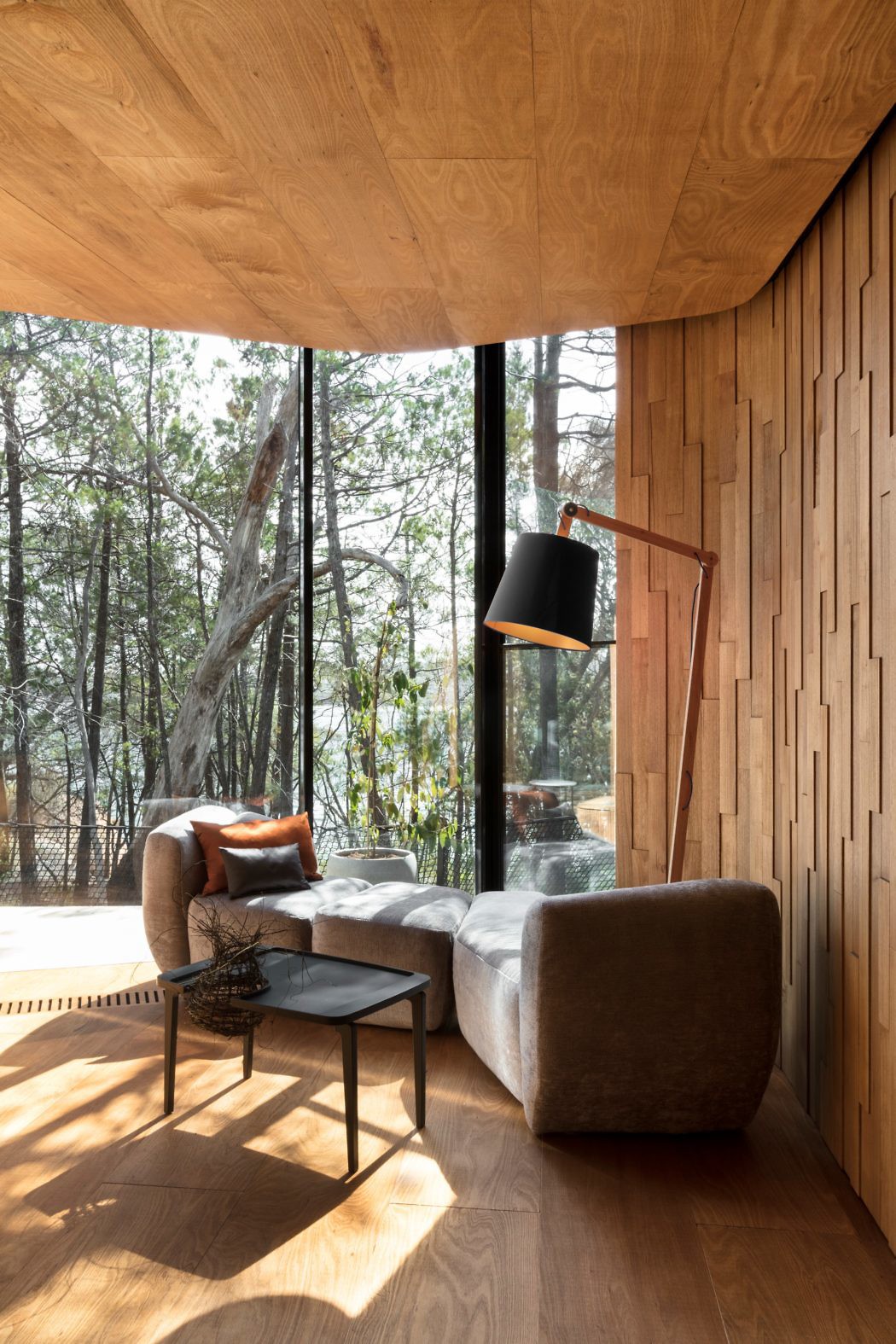 Modern interior with wood paneling and floor-to-ceiling windows overlooking trees.