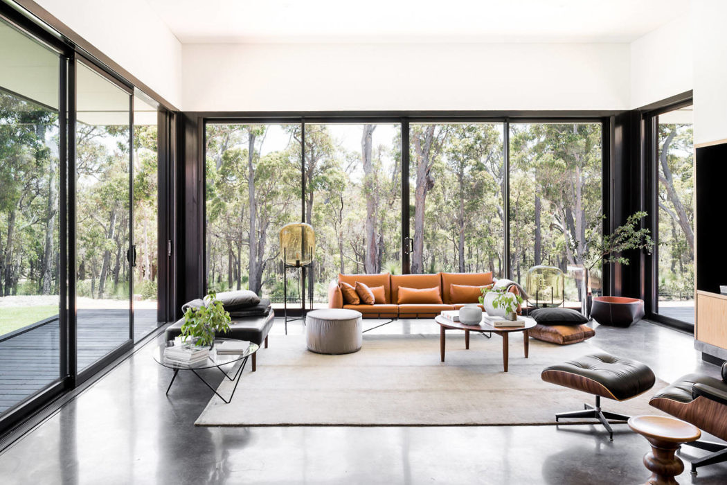 Modern living room with large windows overlooking a forest.
