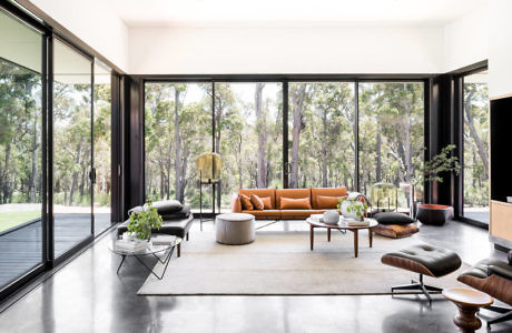 Modern living room with large windows overlooking a forest.