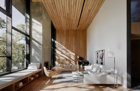 Modern living room with large windows, wooden ceiling, and minimalist furniture.