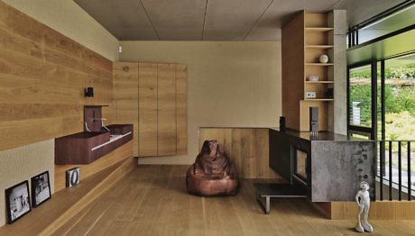 Contemporary room with wooden walls, minimalist decor, and large windows.