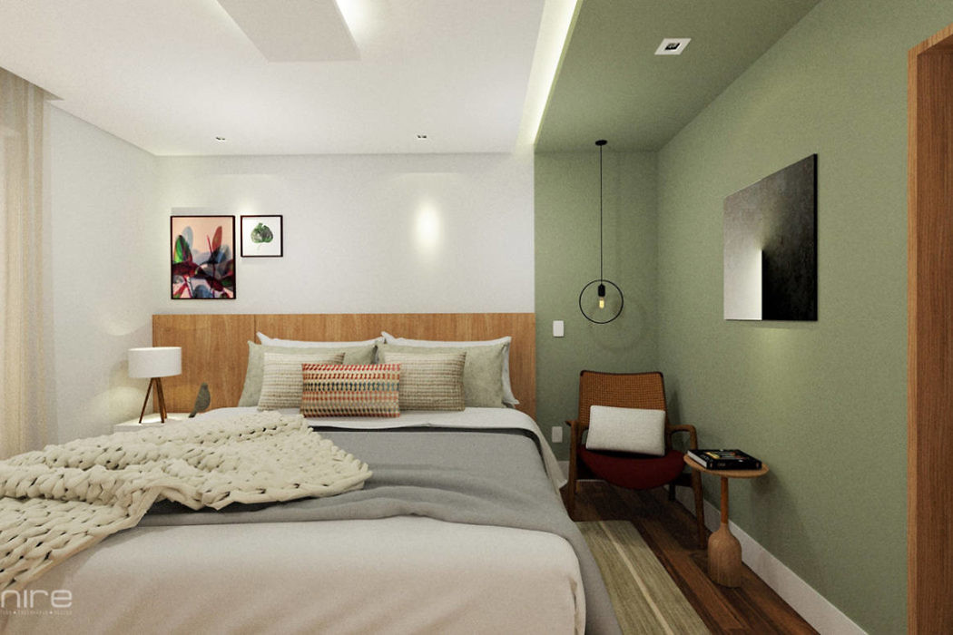 Contemporary bedroom with minimalist design and neutral tones.