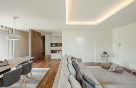 Contemporary open-plan living space with minimalist design and warm wood accents.