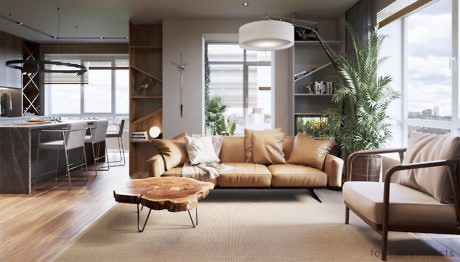 Modern living room with a beige sofa, wooden furniture, and urban view.