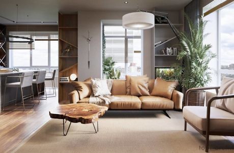 Modern living room with a beige sofa, wooden furniture, and urban view.