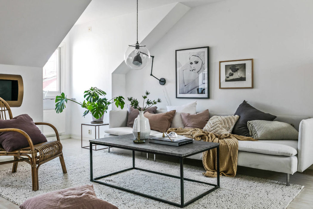 Scandinavian style living room with sloped ceiling and minimalistic decor.