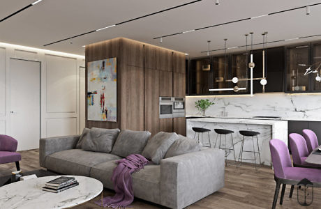 Chic open-plan living space with marble kitchen island and plush seating.