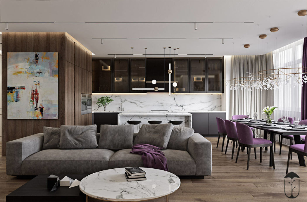 Contemporary living area with plush seating and a sleek kitchen.