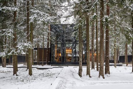 Modern cabin nestled in a snowy forest, with glass walls offering panoramic views.