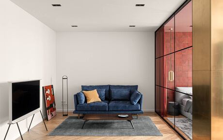 A modern living room with minimalist furnishings, rich red tiles, and sleek wooden accents.