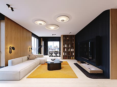 Modern living room with wood paneling, built-in shelves, and circular ceiling lights.