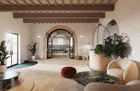 Modern living room with archways, beige sofa, and wooden ceiling beams.