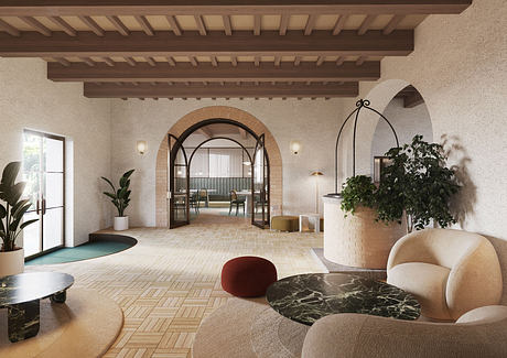 Modern living room with archways, beige sofa, and wooden ceiling beams.