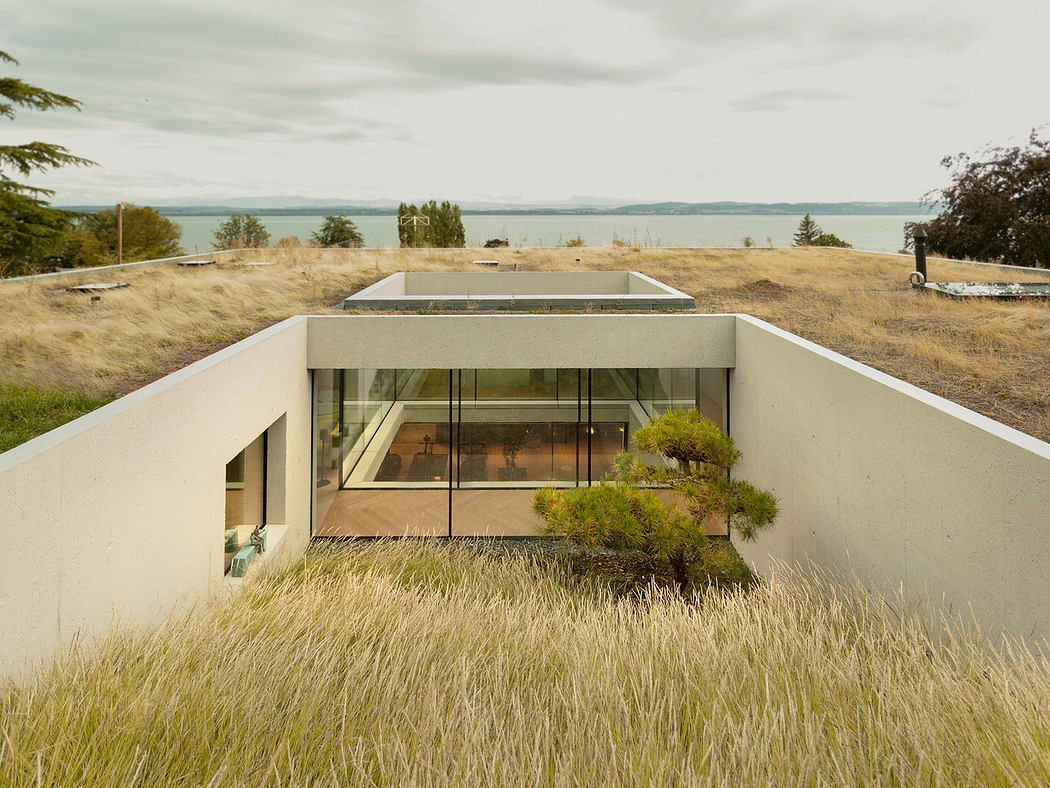 Modern earth-sheltered house with grass roof overlooking a lake.