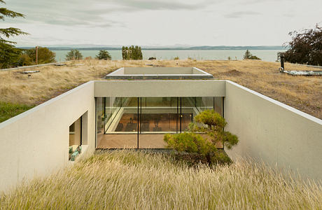 Modern earth-sheltered house with grass roof overlooking a lake.