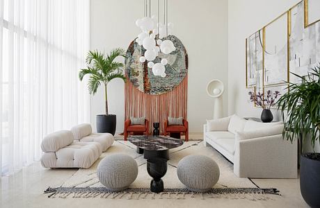 Modern living room with eclectic furniture and artistic lighting fixture.