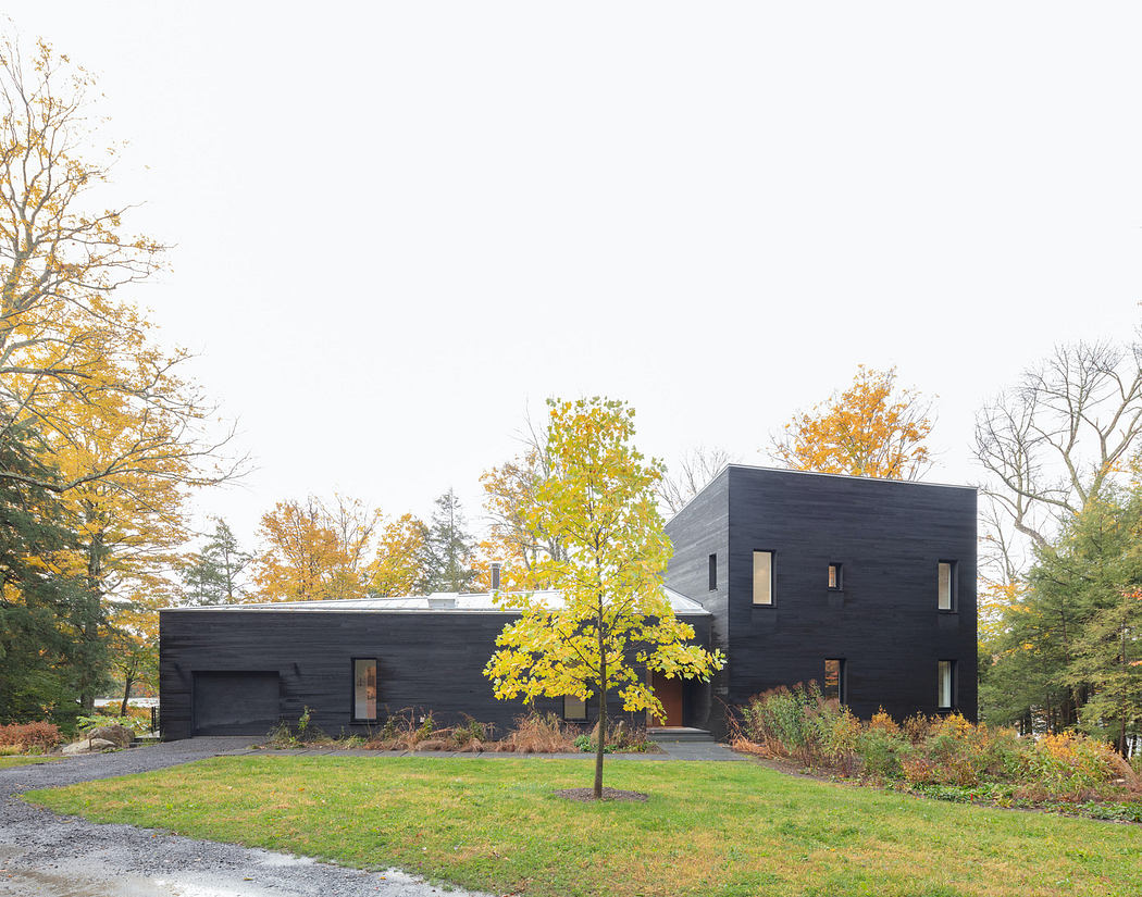 Modern black-clad house with asymmetrical design surrounded by autumn trees.