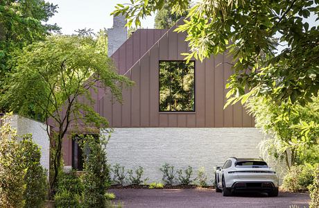 Modern house with brown panels, large windows, white brick base, surrounded by green